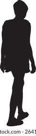vector; silhouette of a back,side view of a women walking dresse in summer clothing shorts, sandals, t-shirt