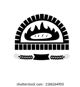 Vector silhouette of baking bread in brick oven. Ribbon banner with wheats.