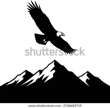 Vector silhouette bald eagle soaring over mountain range illustration
