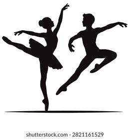 Vector silhouette of a ballet dancing couple featuring a female ballerina en point and a male dancer leaping in grace. Elegant black performance art isolated on a white background, ideal for dance studio logos, ballet academy branding, theatre performance posters, stage show graphics, and artistic event designs.