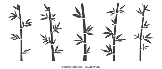 Vector Silhouette Bamboo Stalks with Leaves Set. Asian Tropical Bamboo Plant Vector Illustration. Jungle Nature Decorative Elements for Eco Design, Spa, Zen, Organic Product Packaging, Wallpapers