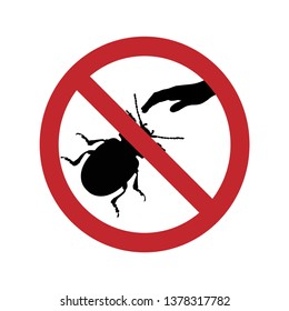 Vector silhouette of ban on touching beatle on white background. Symbol of animal,nature,warning,insect.
