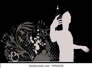 Vector silhouette of barman showing tricks with a bottle