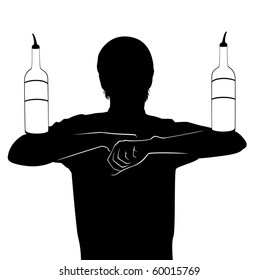 Vector silhouette of barman showing tricks with a bottle