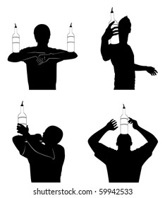 Vector silhouette of barmans showing tricks with a bottle