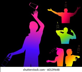 Vector silhouette of barmans showing tricks with a bottle
