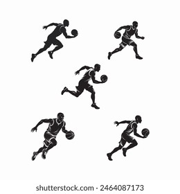 vector silhouette of a basketball player in a running pose with a ball against a white background. 