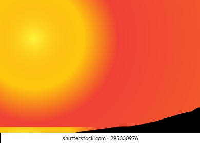 Vector silhouette of beach with palm tree at sunset.