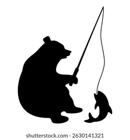 Vector silhouette of a bear fishing. Illustration.