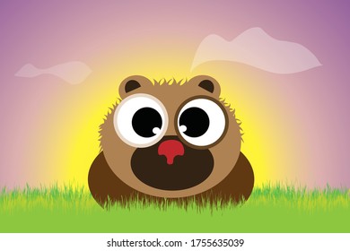 Silueta vectorial del oso sentado en la hierba al atardecer. Símbolo de animal.
