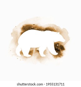 Vector silhouette of bear. Watercolor print with isolated animal in brown colors. Flat  illustration and watercolor splash. Design of a t-shirt, pillow, poster, bag, banner