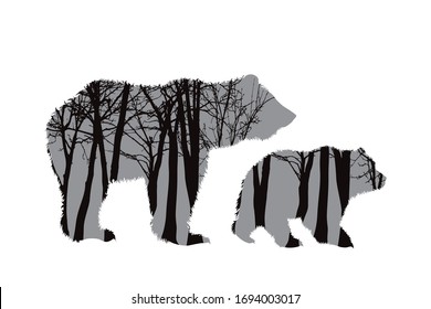 Vector silhouette of bear with young and with trees on background. Symbol of forest.