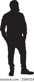 vector; silhouette; bearded and bald man with hands in pockets

