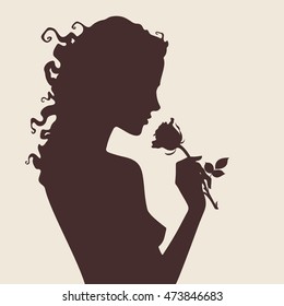 Vector silhouette of beautiful curly girl with rose flower in profile isolated