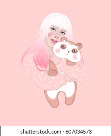 vector silhouette of a beautiful girl hugging a plump little panda on a pink background