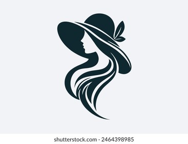 Silueta de Vector de la hermosa dama en sombrero. Ilustración de moda, salón de belleza y estilo de vida. Retrato de mujer joven aislado en fondo de luz. Cara linda