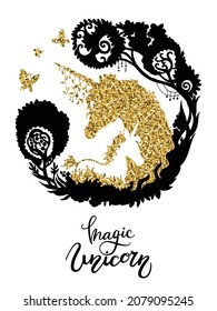 Vector silhouette of beautiful unicorn and foal in fantasy forest in circle composition. Golden and black silhouette template illustration isolated on white background.For print, design, decor,textile