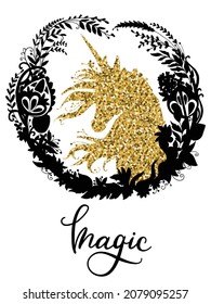 Vector silhouette of beautiful unicorn with long mane in circle composition. Golden and black silhouette template illustration isolated on white background. For print, design, decor and textile