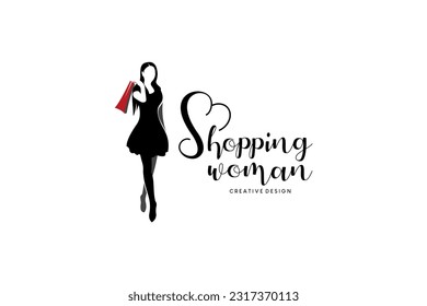 Vector silhouette of beautiful woman carrying shopping bags, shopping woman logo