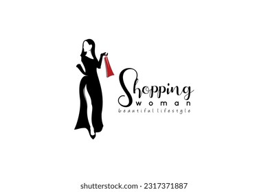 Silueta vectorial de una mujer hermosa que lleva bolsas de compras, logotipo de las mujeres de compras y moda