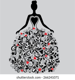 Vector silhouette of beautiful woman in the dress with red hearts