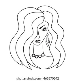 Vector silhouette of beautiful  woman with a luxurious hair & round beads on the neck on a white background. Vector beauty and fashion illustration. 