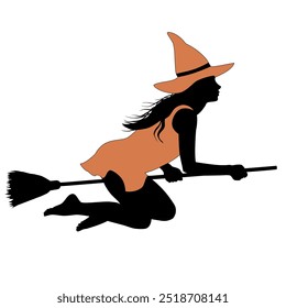 Vector silhouette of beautiful young witch in orange dress and hat flying on broomstick isolated on white background. Vector illustration for Halloween holiday.