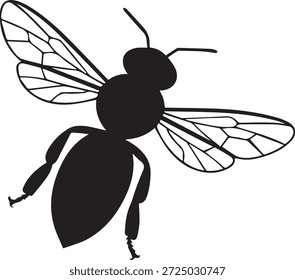 Vector silueta de una abeja en negro. Forma simple del insecto aislado en el fondo blanco. Perfecto para la naturaleza, jardín, miel, polinización, medio ambiente y proyectos de diseño.