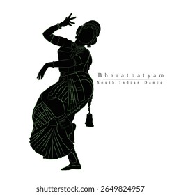 A vector silhouette of Bharatanatyam famous pose, An illustration of South Indian woman, A lady performing classical dance on stage