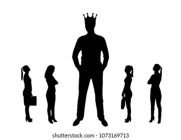 Vector silhouette of a big man with a crown and four small women near him. The concept of gender inequality