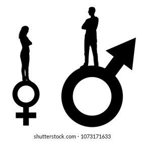 Vector silhouette of a big man and a small woman standing on gender symbols. The concept of gender inequality and discrimination
