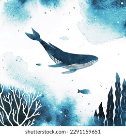 Vector silhouette of a big whale, fish and sea plants under the sea. Watercolor illustration with underwater nature and marine wildlife isolated background