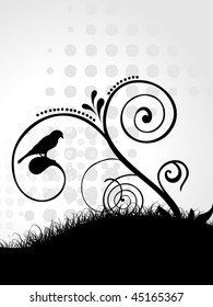 silueta vectorial de ave con fondo floral