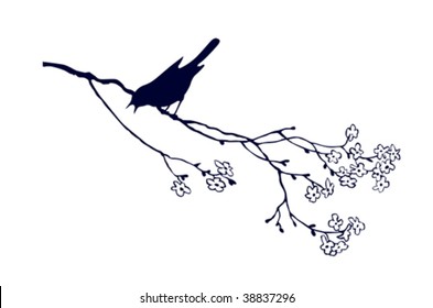 silueta vectorial del ave en el árbol de rama