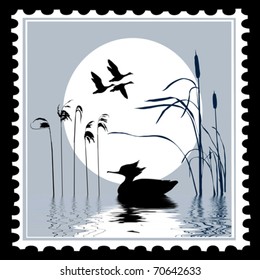 vector silhouette bird on postage stamps