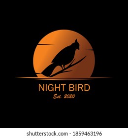 vector silhouette of bird on tree branch with moon background.