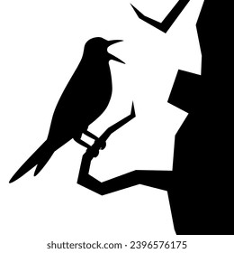Silueta vectorial de un pájaro encaramado en una rama de árbol, decoración de arte, decoración de pared, pegatina de pared. Un pájaro abre su pico sobre una rama de árbol aislada en un fondo blanco