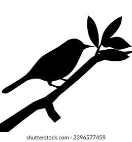 Vector Silhouette of Bird Perched on Leafy Tree Branch, Art Decor, Wall Decor, Wall Sticker, isolated on white background