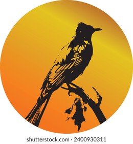 vector silhouette of a bird perched on a tree branch, with a gradient orange circle background