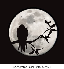 Vector silhouette of bird sitting on the branch on moon background. Symbol of night and wildlife.