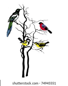 vector silhouette of the birds on tree