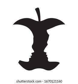 Vector silhouette of a bitten apple formed by the faces of a woman and a man. isolated on white background.