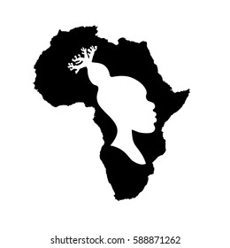 Vector silhouette of black Africa with white african american woman head silhouette with baobab hairstyle inside.