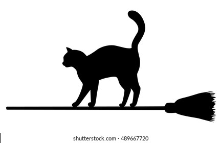 Vector silhouette of black cat flying on broomstick. Halloween illustration.
