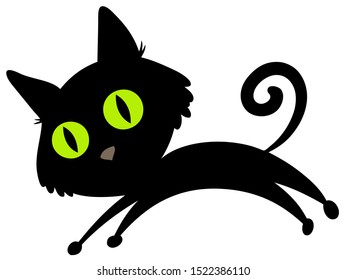Vector silhouette of black cat with green eyes isolated on white background.