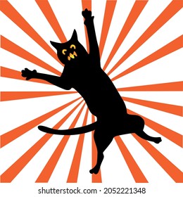 Vector silhouette of a black cat with protruding paws and glowing eyes. The witch's cat attacks. Devil Cat