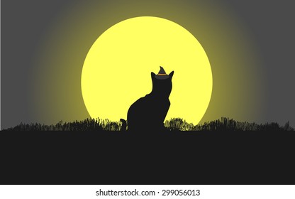 vector silhouette of Black cat wearing a witch hat on the head ,sit in front of the moon 