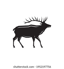 Vector silhouette black Elk in jungle image. Elk icon logo design. Animal design flat vector illustration. Elk side view isolated white background. Editable wapiti templates clipart symbol graphics