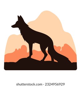 Vector silhouette of a black fox standing on the road with an orange background