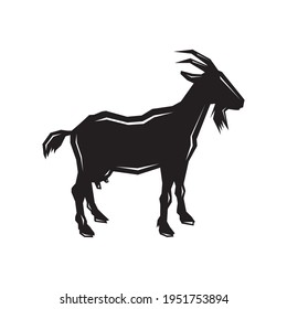 Vector silhouette black Goat in farm image. Goats icon logo design. Animal design flat vector illustration. Goat side view isolated white background. Editable Goat templates clipart symbol graphics